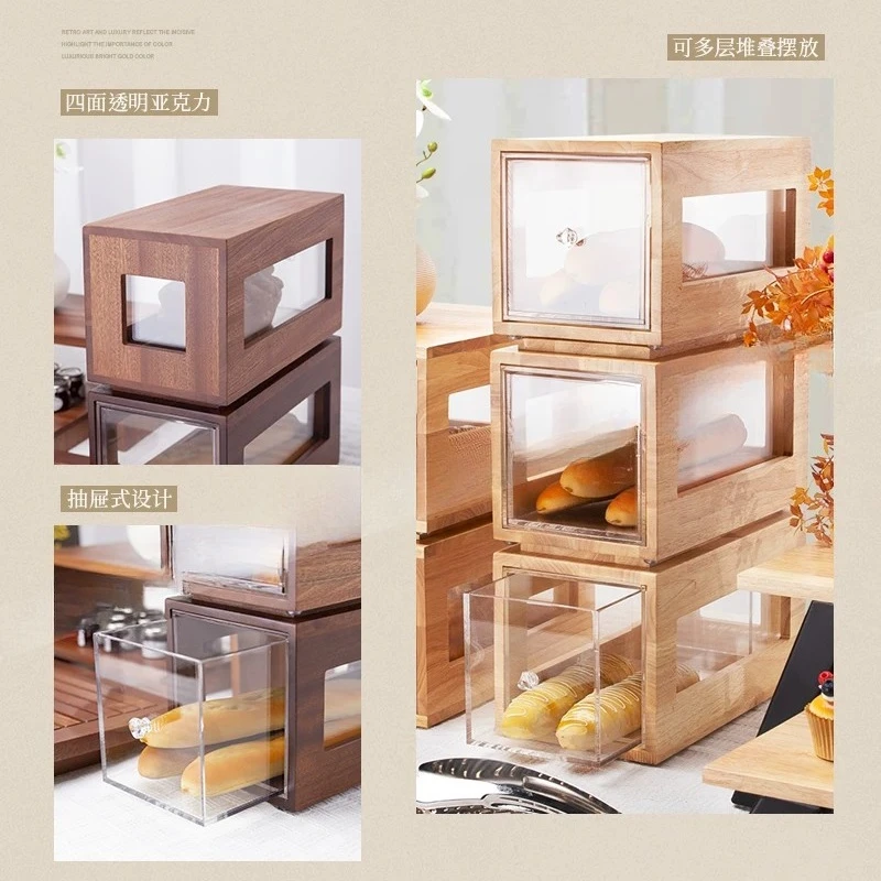 Solid wood transparent bread box toast display box acrylic drawer buffet display rack bread plate
