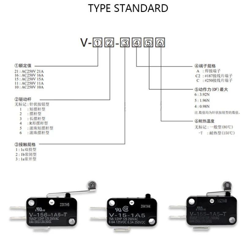 Microschakelaar V-15-1A5-T V-155-1AT-5 V-156-1AT-T 15a 125V 250V Ac Hoge Temperatuur Weerstand Reislimiet Schakelaar Knop