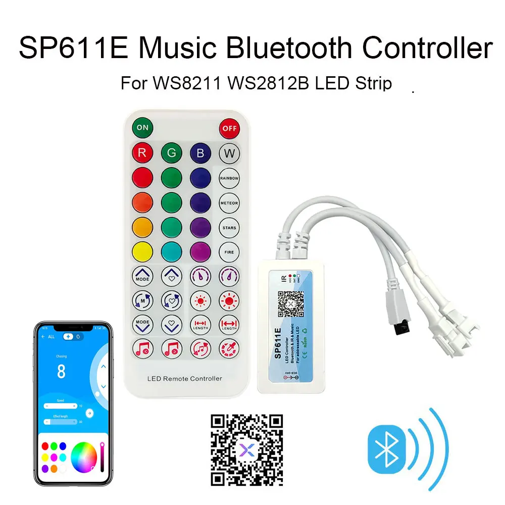 WS2812 WS2811 WS2812B LED Controller SP611E Music Bluetooth App+IR 38Keys Remote Control Built In  Mic 5V-24V