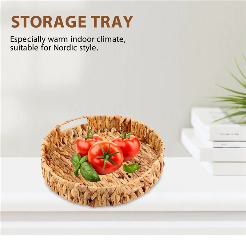 2Pcs Round Braided Tray Made of Seagrass Water Hyacinth Set 33cm + 28cm Diameter Fruit Bowl