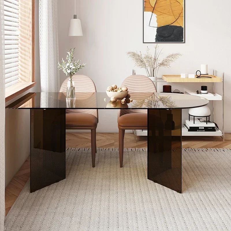 

Simple Tempered Glass Dining Table Nordic Luxury Semi-circular Island Platform Integrated Modern Design Table Rectangular Small