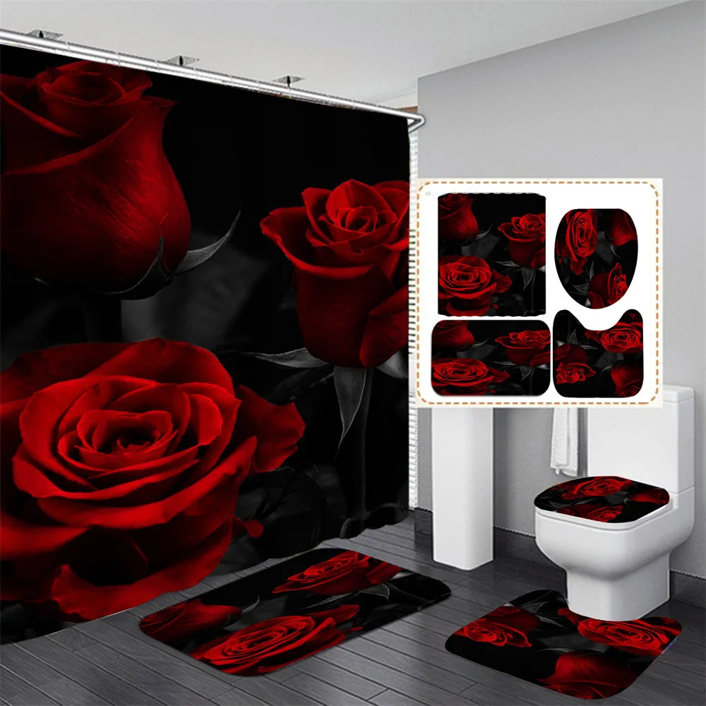 3d Digital Printing Red Rose Flower Shower Curtain Waterproof Polyester Landscape Curtains Bathroom Shower Curtain And Rug Sets