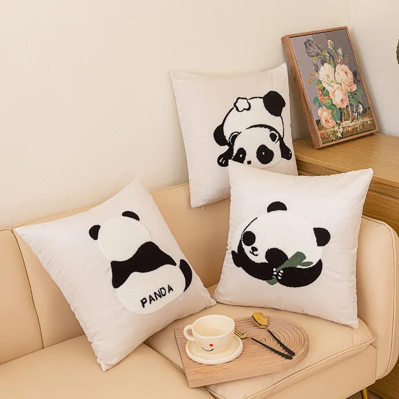 New office embroidery panda throw pillow modern simple black and white fresh sofa cushion pillowcase office back