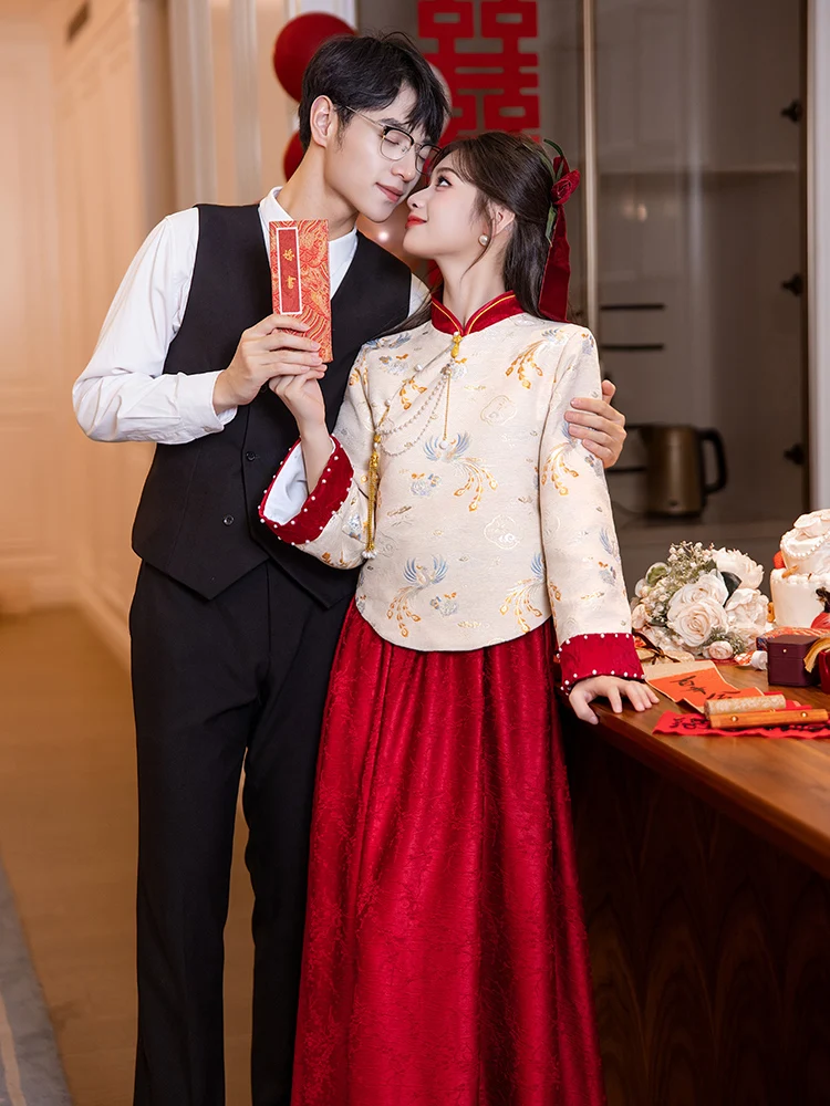 

Свадебный костюм Materni Qipao для помолвки, с юбкой А-силуэта с высокой талией, украшенной жемчугом, и длинными рукавами, скрывающими живот, больших размеров