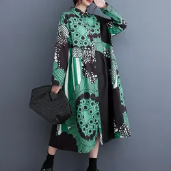 #4022 Green Yellow Printed Shirt Dress Split Joint Vintage Shirt Dress Women Turn-down Collar Retro Long Shirt Dress Autumn 2023