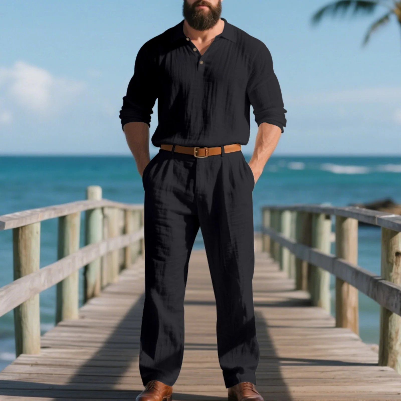 

Polos And Trousers Two Pieces Suits 2025 Autumn Casual Long Sleeve Sets Daily Leisure Men'S Pure Color Linen Sets Men Outfit