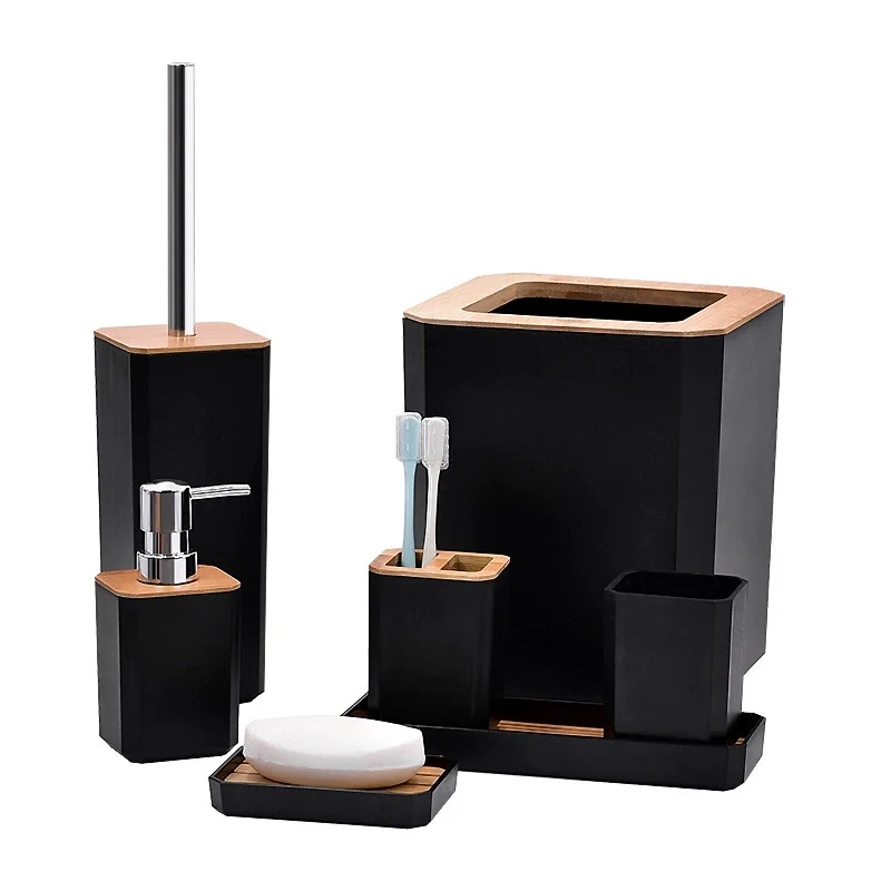 

Набор для ванной комнаты из 7 предметов: дозатор для мыла, ершик для унитаза, флакон для лосьона, мусорное ведро, бамбуковый пластиковый органайзер, стакан для зубных щеток