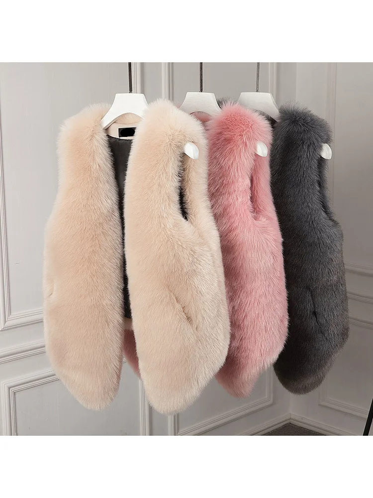 French Winter Warm Sweet Plush Soft Gentle Fluffy Comfortable Cute Macaron Color Artificial Fur Simple Solid Color Vest Jacket