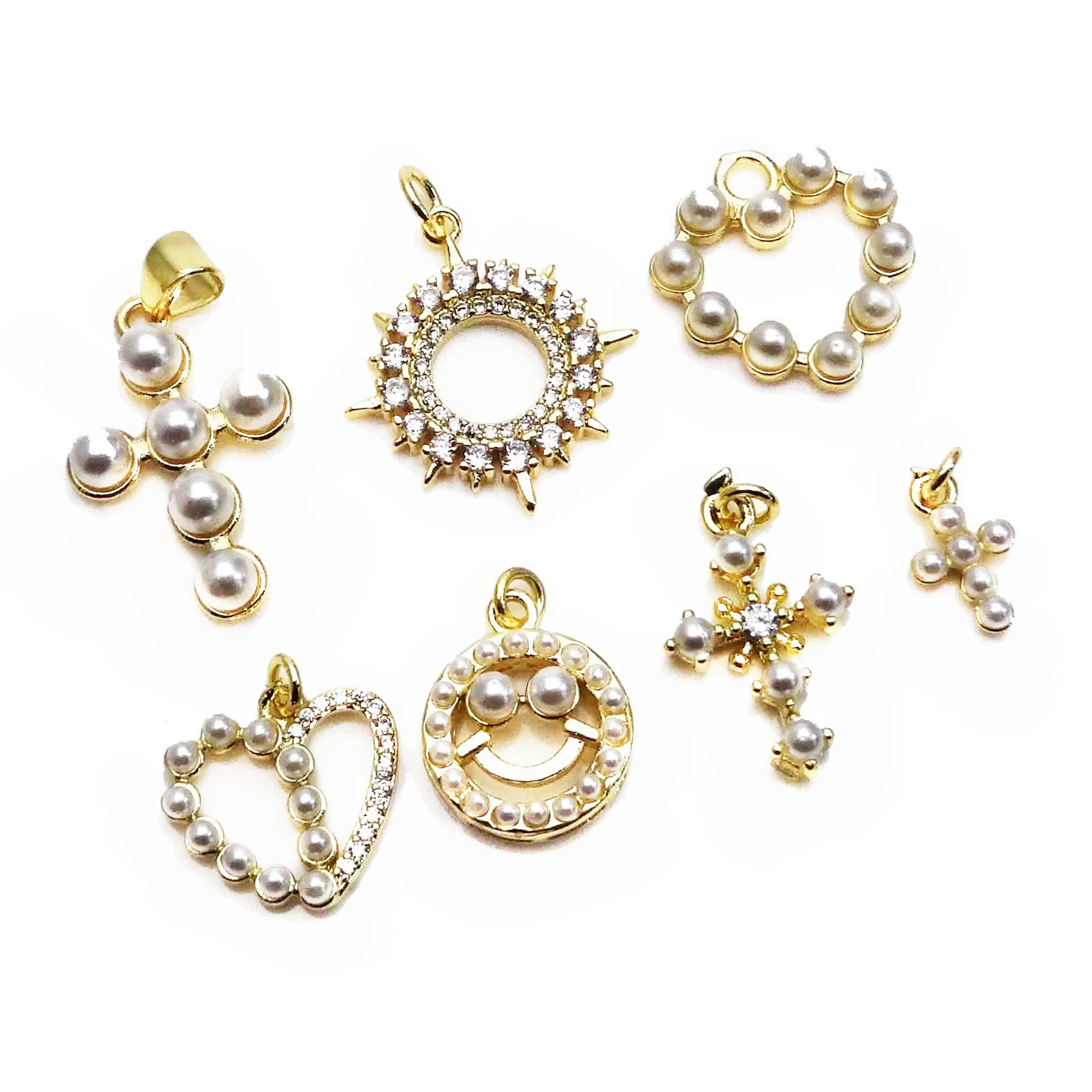 Pearl cross Little pendant Pearl smile charms Heart shape micro zircon gold plated pendant DIY bracelet  maked accessorie