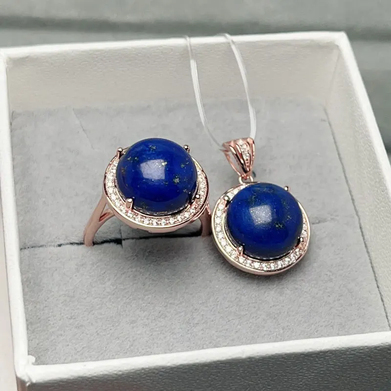 Set di gioielli classici in argento 925 per la festa totale 12ct anello in Lazurite naturale e ciondolo collana con regalo placcato in oro per la