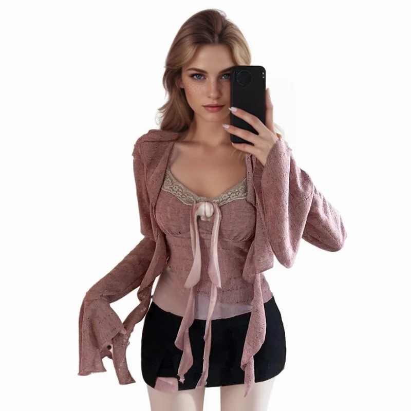 Women's Neck Strap Flared Sleeves Knitted Floral  Vest Slim Cardigan Female T-Shirts