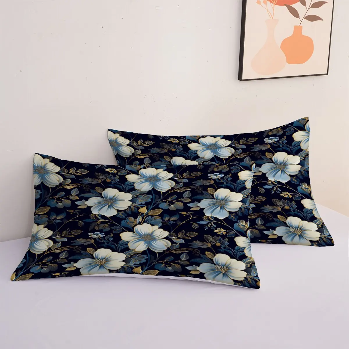 Floral pattern  Duvet size  dark blue background  1 duvet cover and 2 pillowcases