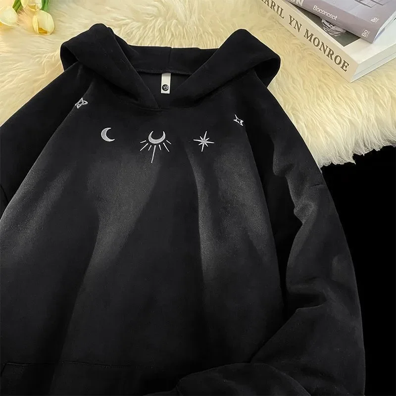 High Street Brand Star Embroidery Suede Hoodie for Men Hip Hop Loose Oversized Gray Sweatshirt Harajuku Fashion Pullover Casual