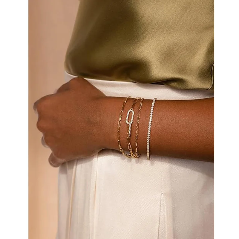 Layered Stackable Gold Plated Chain Bracelets for Women Micro-Pavé Zircon Oval Link Design Minimalist Luxury Ins Style Jewelry