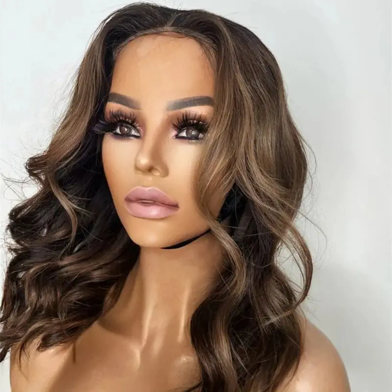 Glueless Hairline 13x4 Free Part Ombre Brown Highlights Synthetic Lace Front Wig Middle Part Short Wave Bob Small Large Size Cap