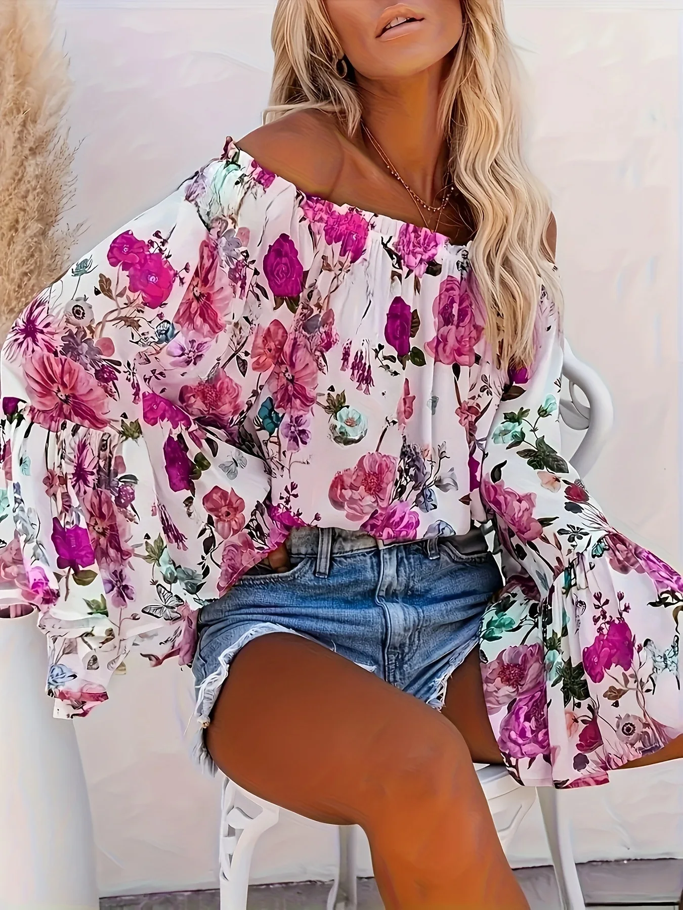 Camiseta estampada de verano, Top holgado a la moda para todos los días, estilo elegante para ir al trabajo, tirantes de manga larga, ropa de mujer de un solo hombro