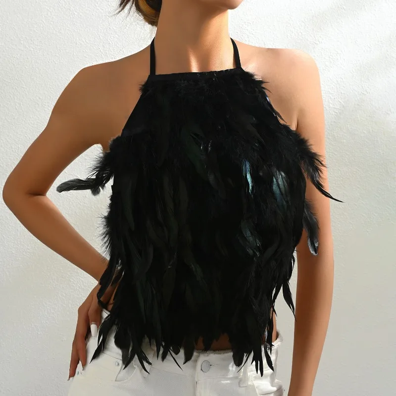 Black Feather Splice Crop Top Halter Tank Top เสื้อผ้าผู้หญิง Tube Top เทศกาล Rave เครื่องแต่งกายฮาโลวีนเครื่องแต่งกายสําหรับสตรี