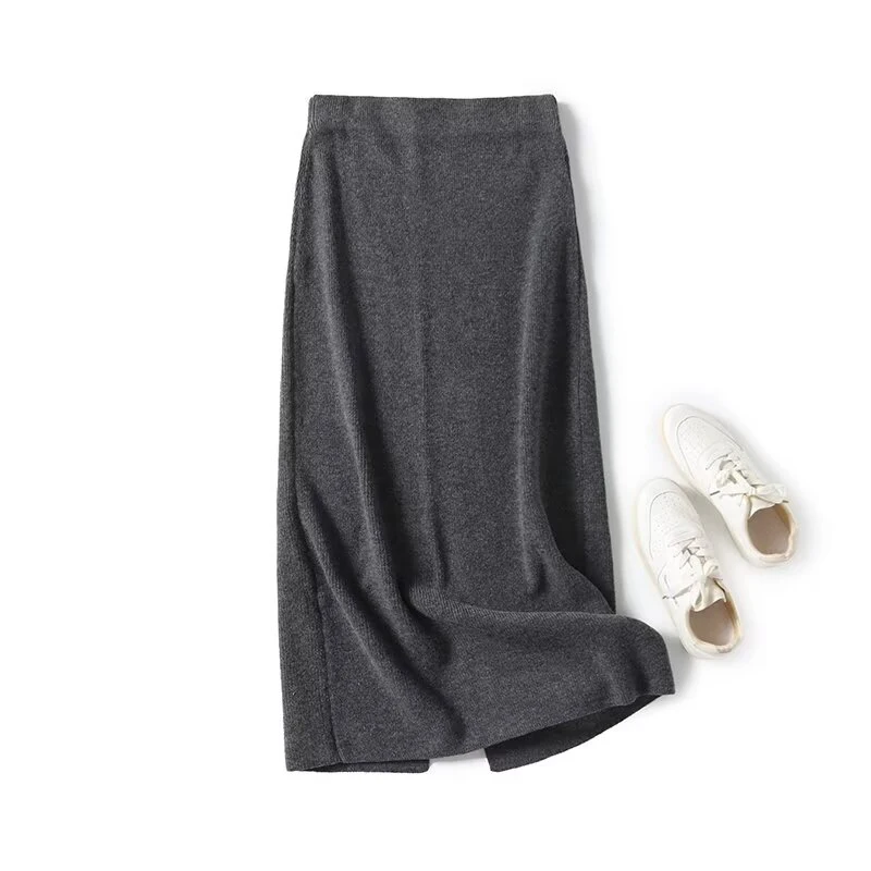 

Women Vintage High Waist Straight Long Knit Skirt Autumn Winter Dark Gray faldas largas