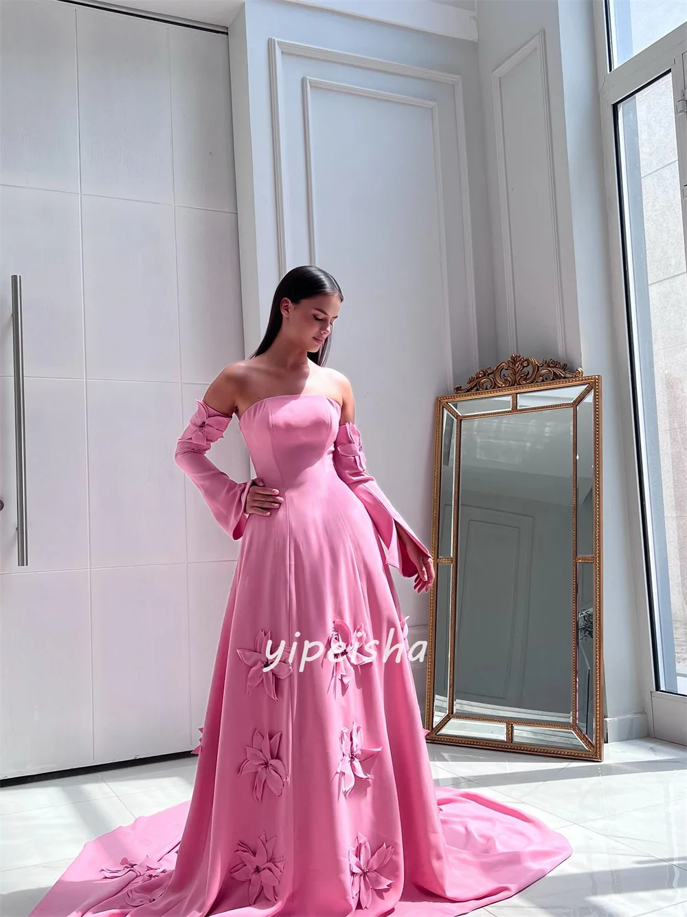 Customized Elegant Classic Jersey Handmade Flower Pleat A-line Strapless Long Dresses Bespoke Occasion Dresses Sizes Available