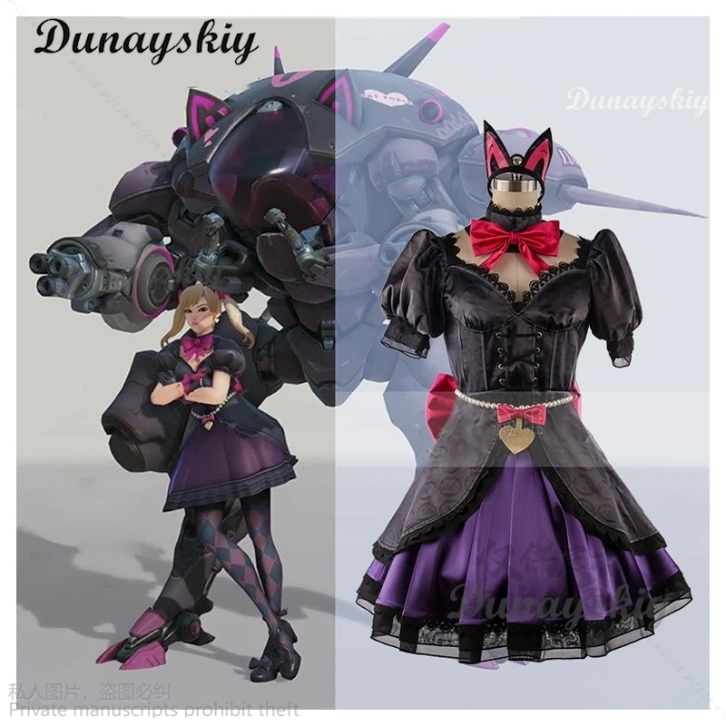 Jeu OW DVA Hana Song Cosplay Costume pour femme, chat noir, robe Lolita, jupes douces pour filles, ensemble complet de vêtements, olympiques de fête d'Halloween