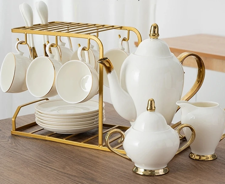 2024 White And Gold Coffee Set With Tea Pot European ,Light Luxury Europe  Cup  Saucer  Spoon