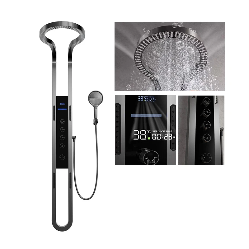 

Digital Display Rain Shower Faucet Stainless Steel 5 Handles Shower Mixer Set Bathroom Metal Luxury Shower Set