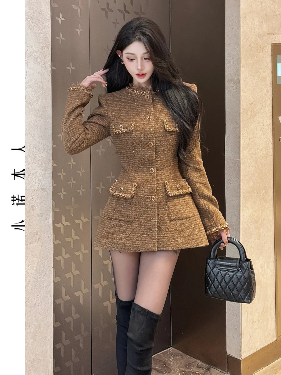 

Faionable Premium Woolen Jaet Women's Slim Fit Luxury down ort Coat Ele Thinning Polyester Viscose Wool Blend