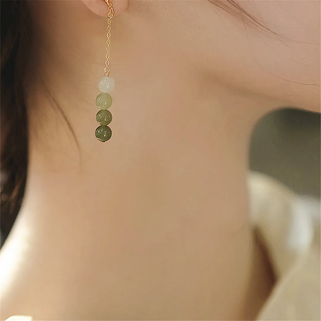 Nowy Hetian Jade Bead długie zwisające kolczyki dla kobiet zielone gradientowe koraliki Dangle kolczyki mogą być noszone bez przebitych uszu biżuteria — zdjęcie 5