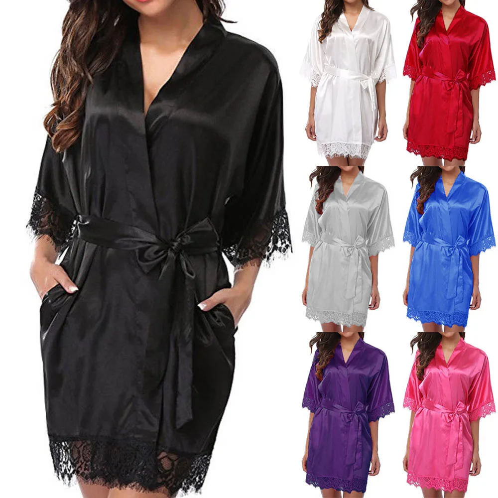 

Womens Sexy Lingerie Sleepwear Silk Lace Robe Dress Nightgown Bathrobes V-neck Pajamas Female Comfort Underwear Sleep Shirts