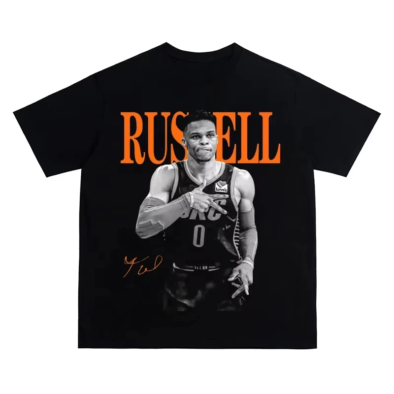 2026 New Russell Westbrook Parent‑Child Matching Unisex Oversized T‑Shirt Vintage Portrait Signature Front Print Streetwear Tops