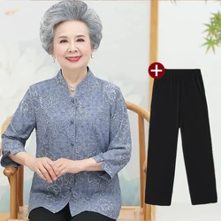 Elderly Grandma Shirts Blouse Tops 3/4 Sleeve Spring Summer 60 To 80 Years Old Middle-Aged Mother Pants 2PCS Womens Outfits 5XL