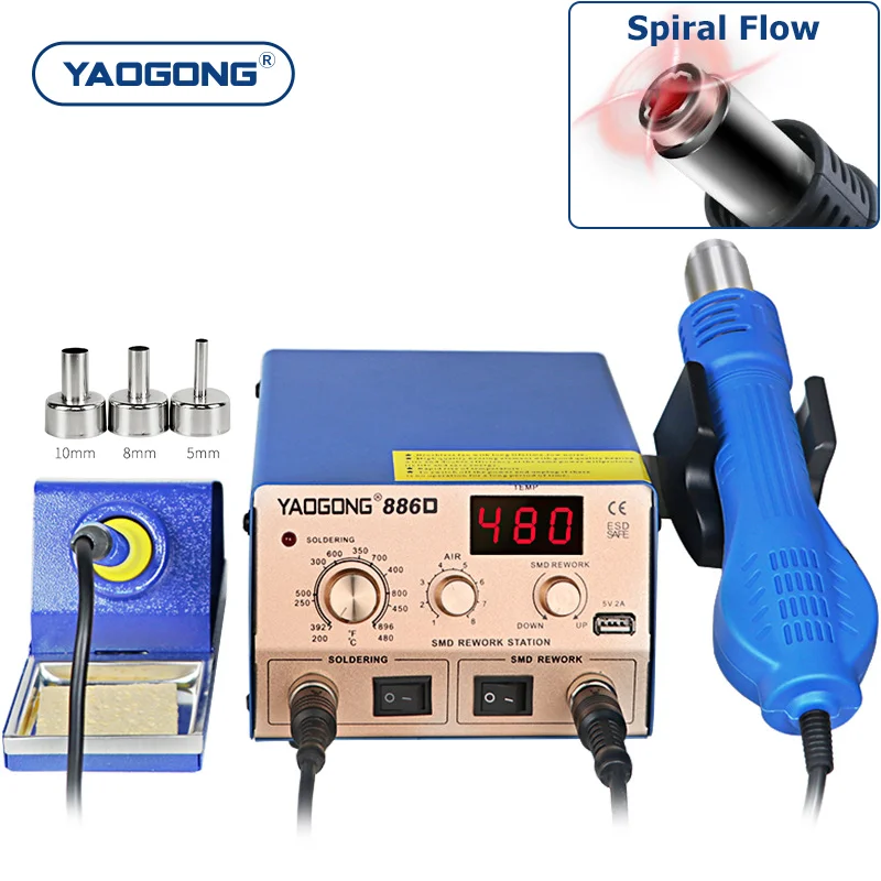 

YAOGONG 886D Auto Sleep Thermostat 936 Soldering Iron Mobile Phone Repair Tools Hot Air Heat Gun SMD Rework Desoldering Station
