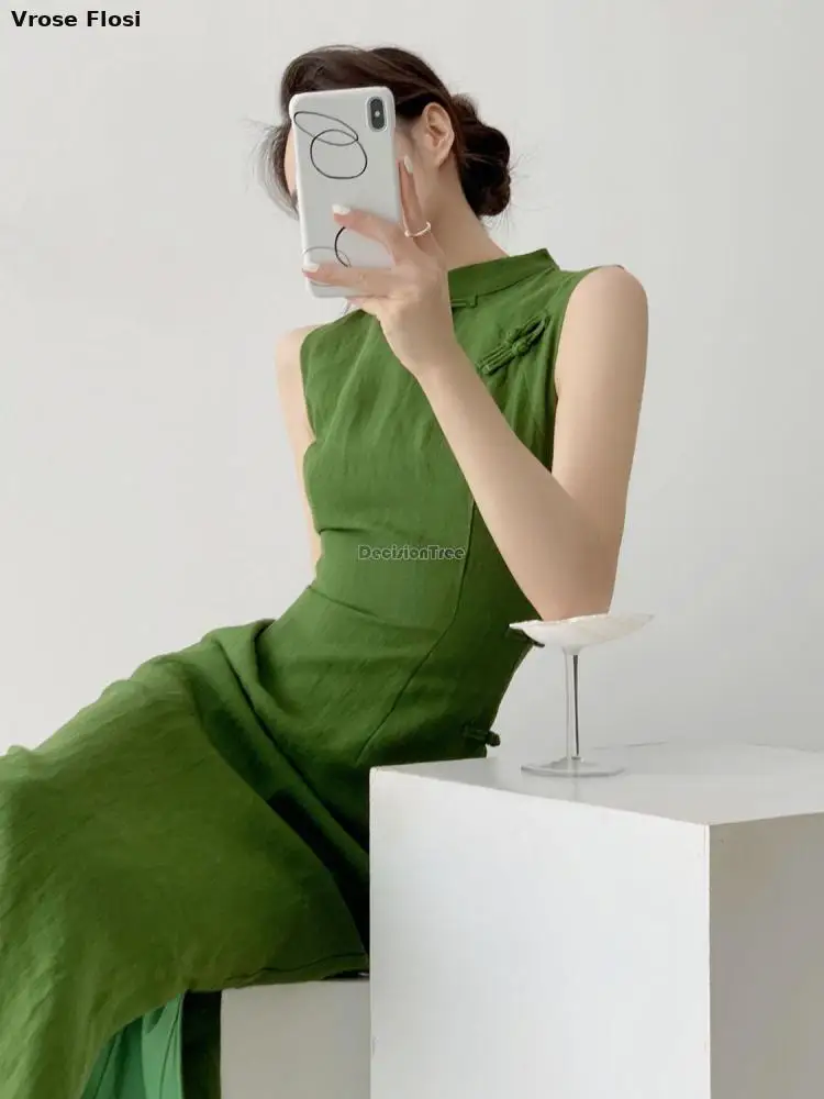 วินเทจจีน Qipao ชุดสีเขียวมรกตแขนกุดเอว Cinching High Slit Elegant สวมใส่ทุกวัน Breathable ผ้าลินินเซ็กซี่ชุด