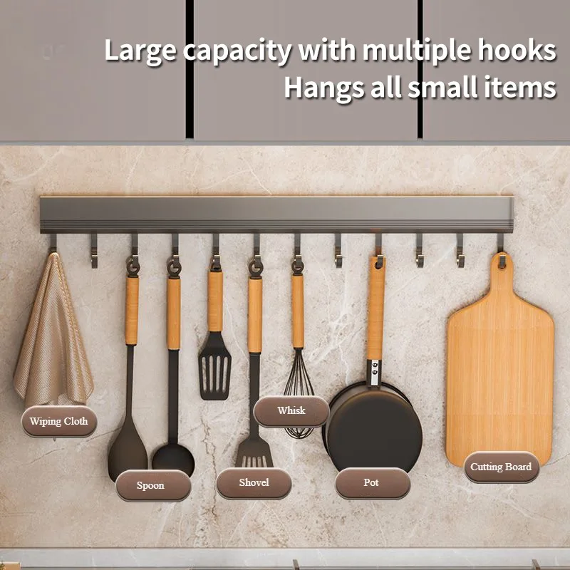 1 Pcs Kitchen Hooks Without Punching Space Aluminum Rack Hanging Rod Wall Hanging Spoon Spatula Shelf Wall Hang 8 Metal Hooks