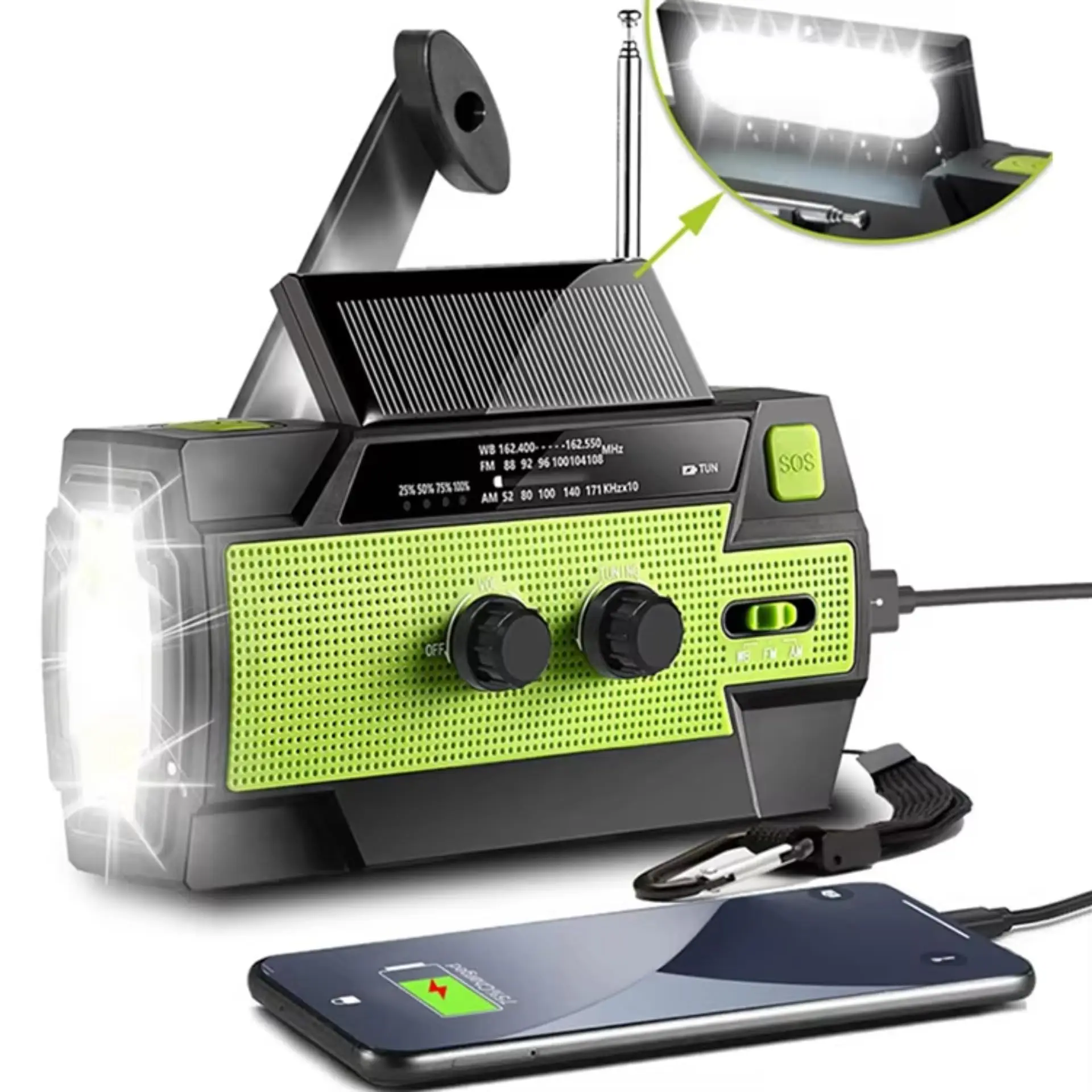 Tragbares Notfallradio, 4000 mAh/Handkurbel, Solar-USB-Aufladung, FM/AM/NOAA, LED-Taschenlampe, SOS-Alarm, Powerbank