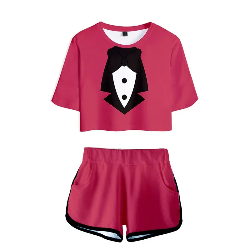 qq38Hazbin-traje de Cosplay para mujer, Top de Charlie Alastor, trajes deportivos, pantalones cortos para correr, camisa, conjunto Hazbin, Hotel y niñas