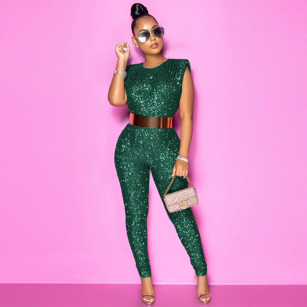 S-2XL Chic Large Size Y2k Streetwear Bright Body Jumpsuits Woman Sequin African Summer Outfits For Women 2024 Bodysuite Overalls