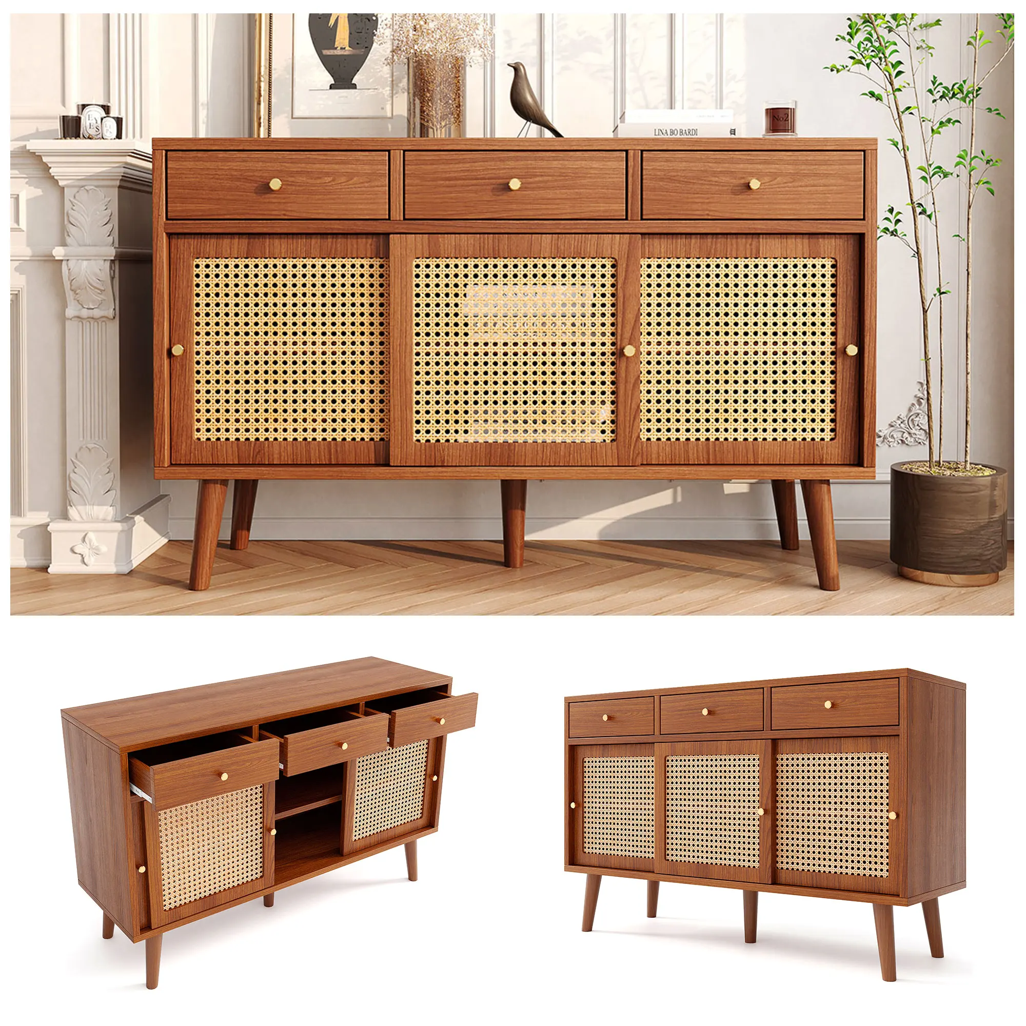 Walnut Sideboard Dresser-3 Drawers & 3 Sliding Doors Rattan Braided Wooden Leg Gold Handle Adjustable Rays