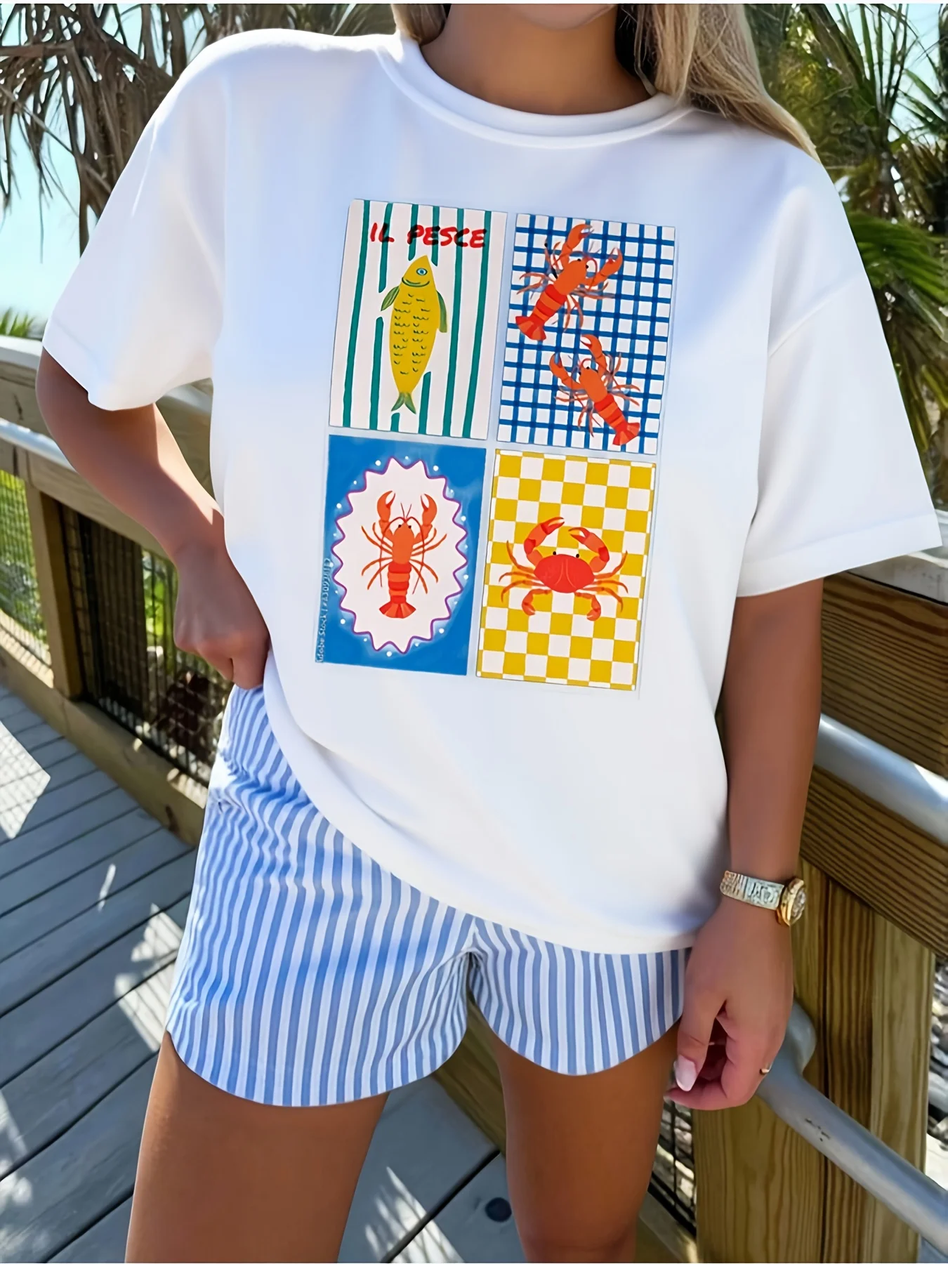 Il Pesce Seafood T Shirt Women Lobster Crab Graphic Tee Vintage Italian Coastal Aesthetic Cute Casual Short Sleeve Summer Tops