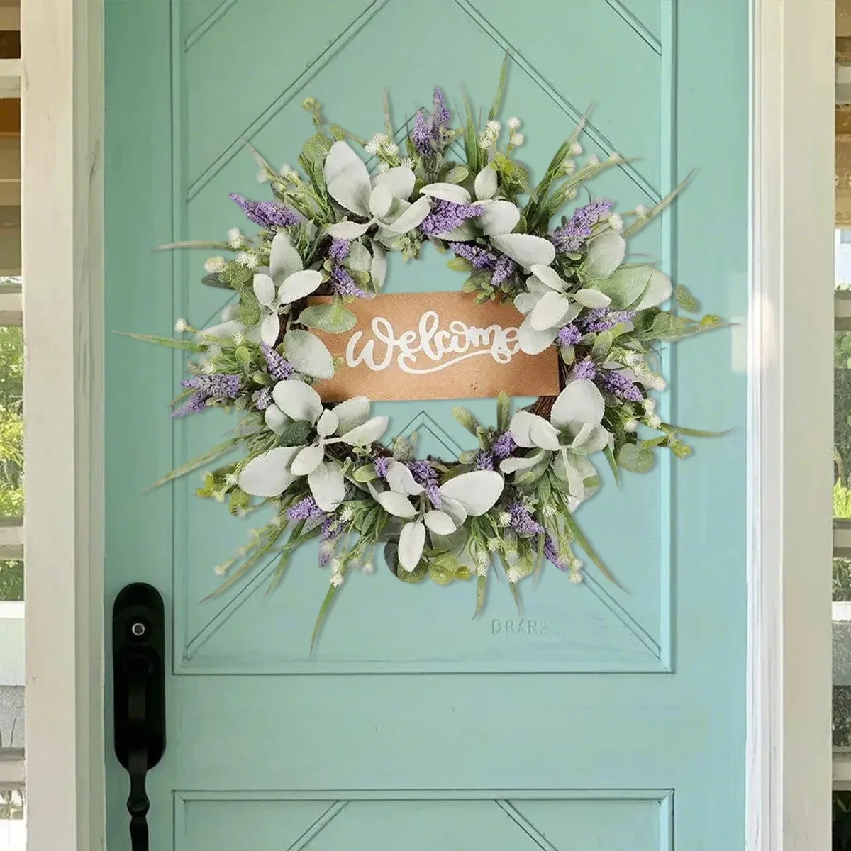 

Spring Lavender Wreaths for Front Door 20" Welcome Sign Door Wreaths for Spring Summer Purple Floral Wreath with Lambs