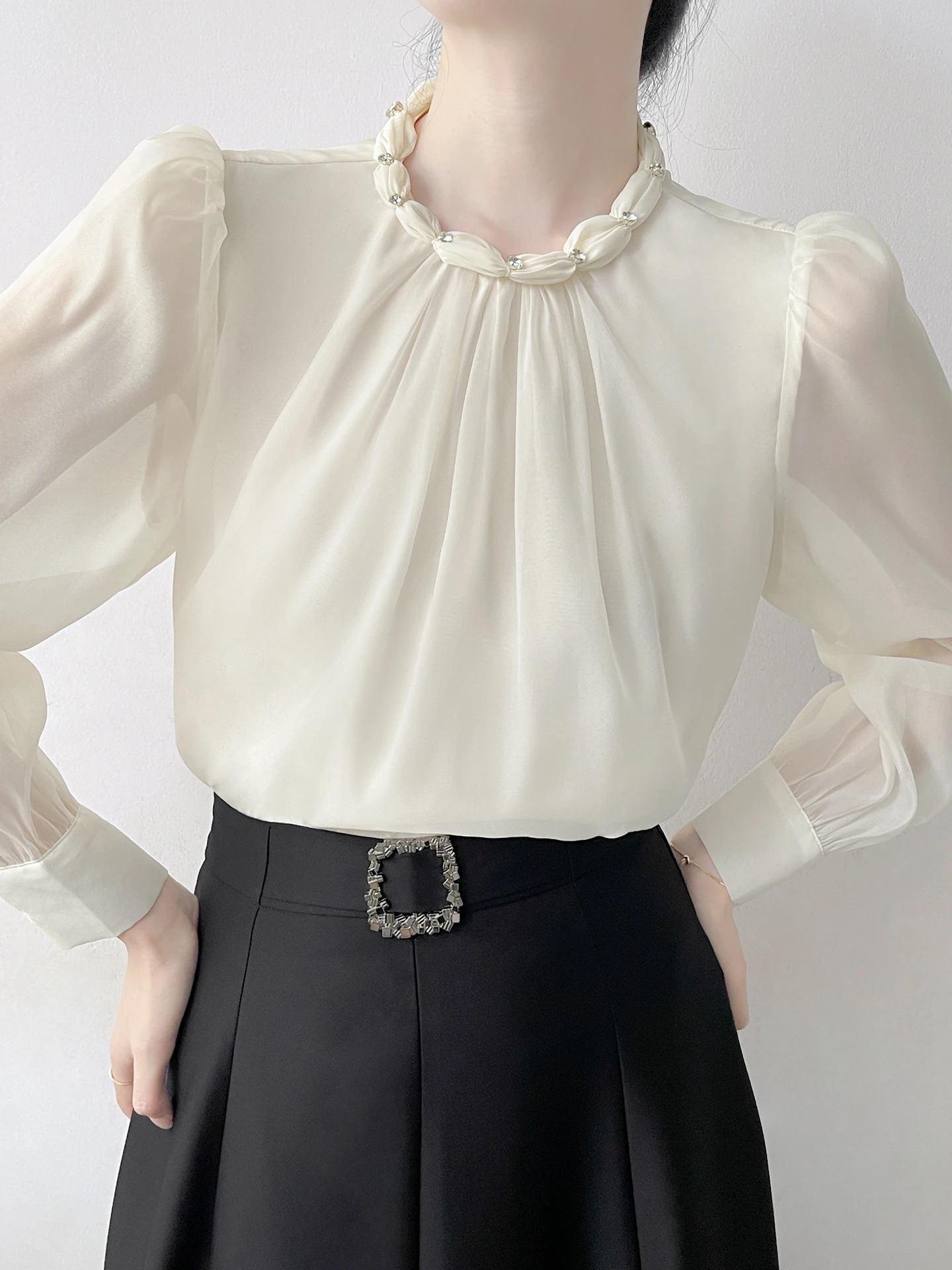 

Корейская женская блузка с длинным рукавом и воротником-стойкой из шелка и полиэстера для работы и собеседований, модная и элегантная