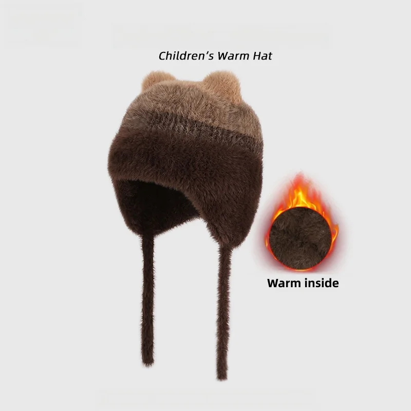 Cute Cat-Ear Plush Ear Protection Hat Suitable for Kidsren Aged 4-10, Gradient Imitation Mink Velvet Knitted Hat, Winter Outdoor Windproof and Warm Hat for Boys and Girls