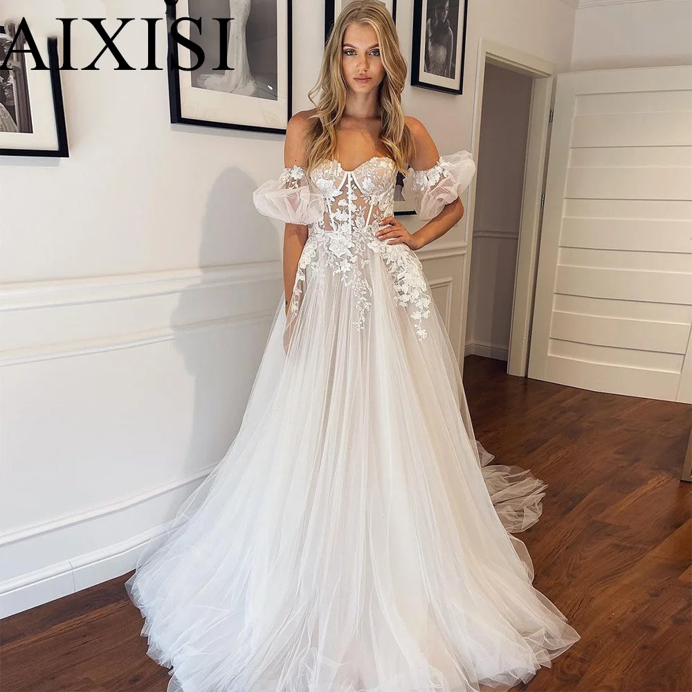 

Boho Wedding Dresses Puff Sleeves A-Line Sweetheart Wedding Gowns Open Back Bridal Dress vestidos baratos con envio grat