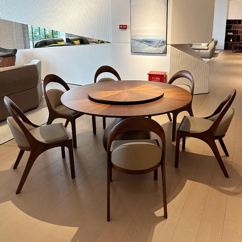New Chinese-style North American black walnut round dining table and chair combination 2026 new high-end household turntable sol