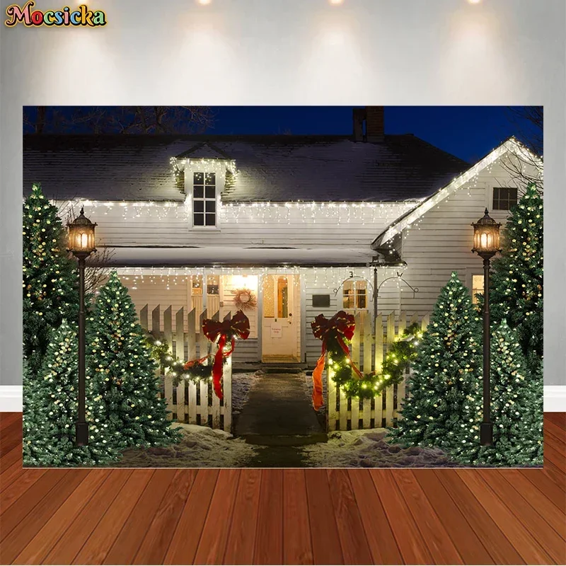 Snow House Christmas Photography Background Decor Fence Xmas Tree Family Portraits Party Backdrop Studio Props For Photoshoot