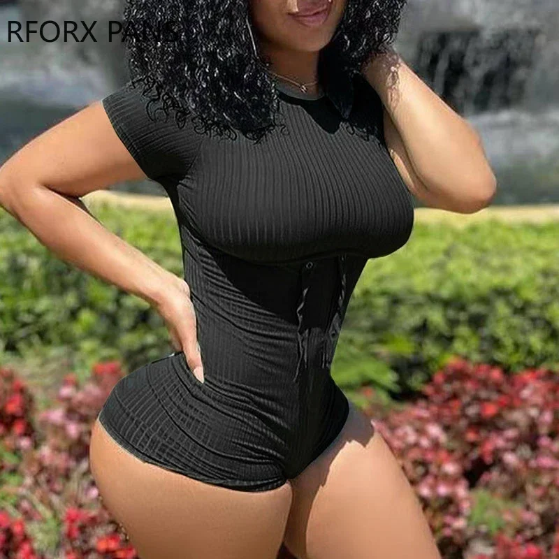 

Women Chic Solid Casual Short Sleeves Round Neck Sexy Lace Up Bodycon Black Bodysuits