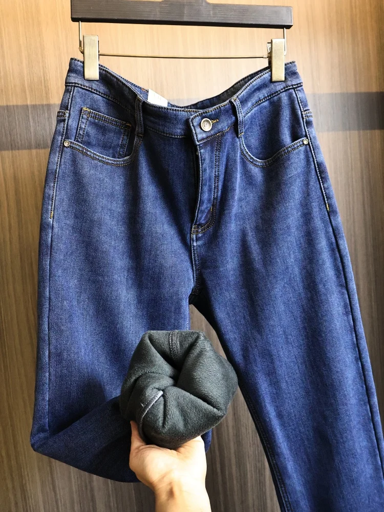 

Мужские джинсы прямого кроя на флисовой подкладке: модные, теплые, приятные к телу, универсальные, из денима, со средней посадкой, повседневные, осень-зима