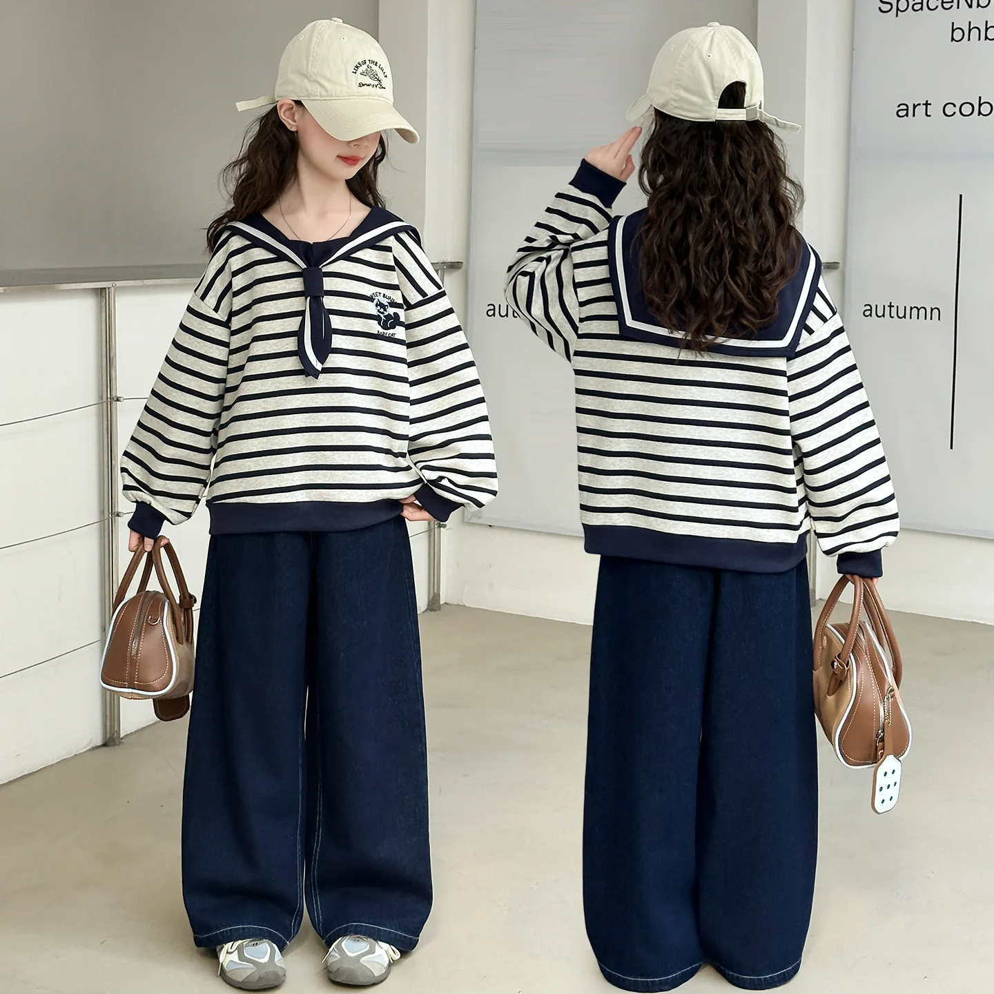 costumes-d'automne-2-pieces-pour-adolescentes-sweat-shirt-a-rayures-mandarin-pour-filles-taille-moyenne-jambe-droite-ensembles-pour-filles-de-4-a-14-ans