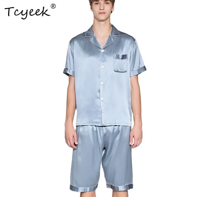 Tcyeek 19 Momme 100% Set Piyama Sutra Murni Pakaian Rumah Pria Celana Pendek Pakaian Santai Lengan Pendek Kasual Pria Setelan 2 Potong S38011QM