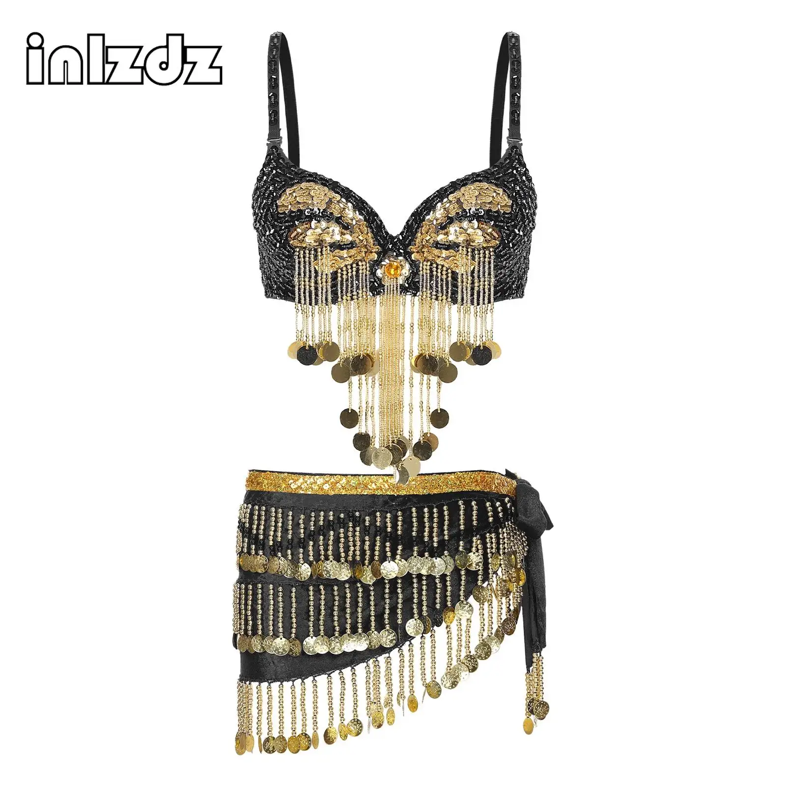 

Women Belly Dance Costume Set Plastic Beaded Tassels Straps Shiny Sequins Underwired Bra Gold Coin with Velvet Hip Scarf